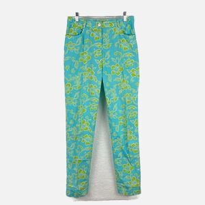 J McLAUGHLIN Preppy Colorful Fun Lime Blue Floral Cotton Unlined Pant Size 4 USA